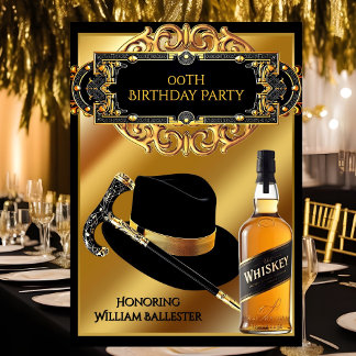 Gentlemen Hat Cane Whiskey Gold Black Birthday Invitation