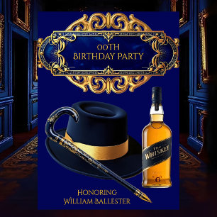 Gentlemen Hat Cane Whiskey Gold Navy Birthday Invitation