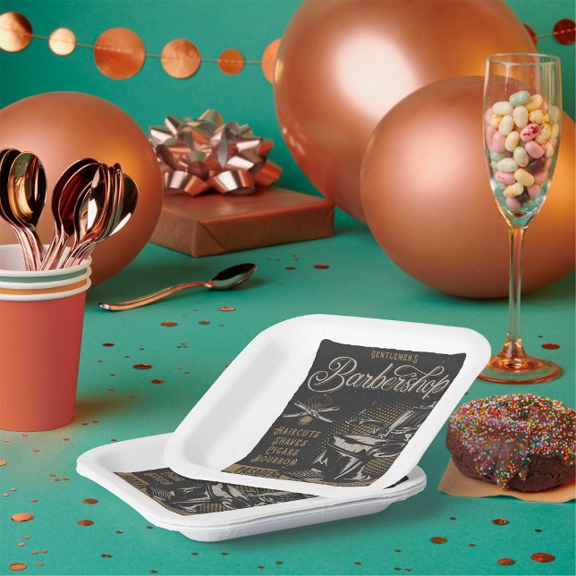 Gentlemen’s Barbershop Retro Haircuts Shaves Paper Plates (Creator Uploaded)