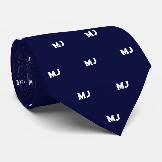 Gentlemen's Monogram Groomsmen Initials Navy Blue Neck Tie (Rolled)