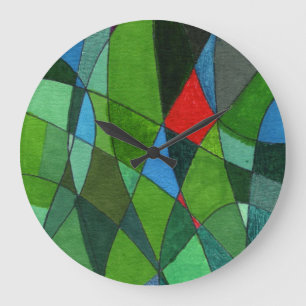 Gently curved cells in cool greens with red accent large clock