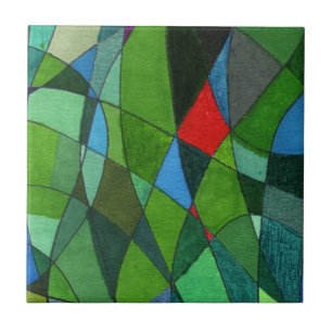 Gently curved free form greens with red accents ceramic tile