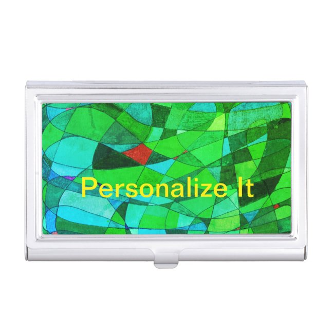Gently curved shapes in cool greens & red accents  business card case (Front)