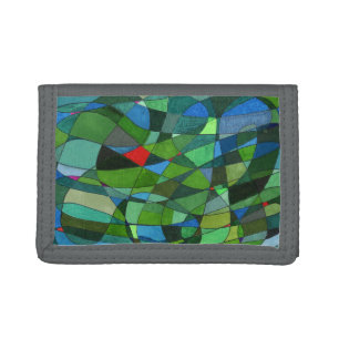Gently curved shapes in cool greens & red accents tri-fold wallet
