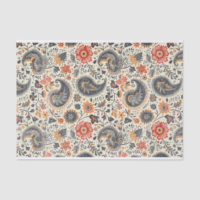 Gently Distressed Orange & Blue Paisley Pattern Tissue Paper (Front)