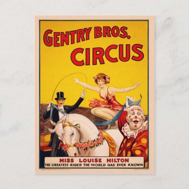 Gentry Bros. Circus Poster ft. Miss Louise Hilton Postcard (Front)