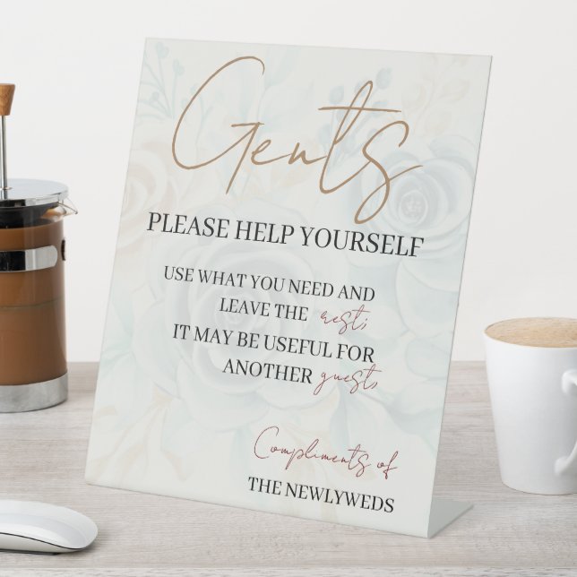 Gents please help yourself wedding bathroom basket pedestal sign (In SItu)