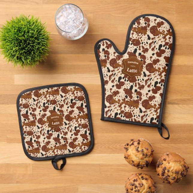 Genuine 100% Latte Cowhide Pattern | Neutral  Oven Mitt & Pot Holder Set (Top Down)