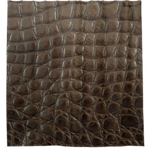 Genuine brown alligator leather, close up to show shower curtain