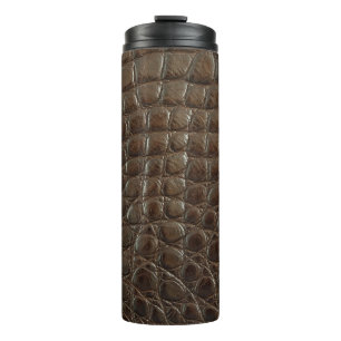 Genuine brown alligator leather, close up to show thermal tumbler