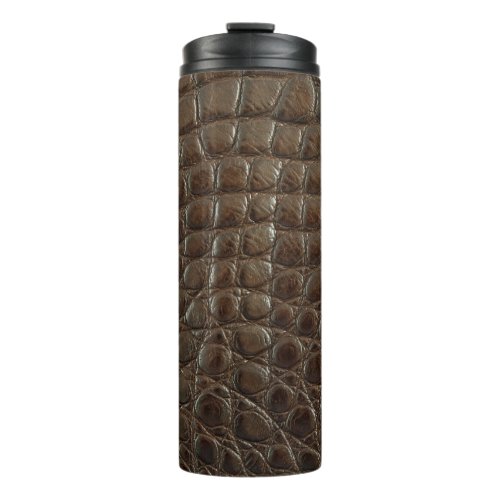 Genuine brown alligator leather close up to show  thermal tumbler
