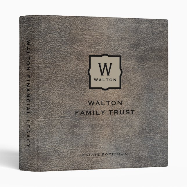 Genuine Cowhide Leather Look Monogram Family Trust 3 Ring Binder (Front/Spine)