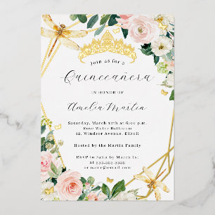 Geo Blush Floral Dragonfly Quinceanera Gold Foil Invitation