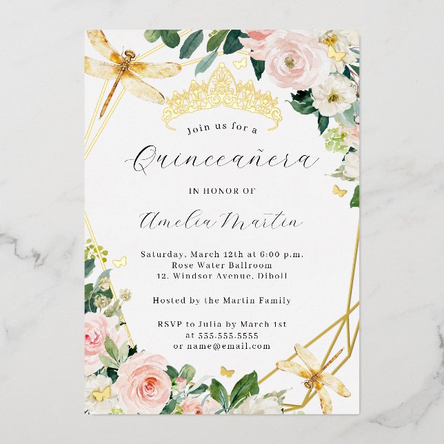 Geo Blush Floral Dragonfly Quinceanera Gold  Foil Invitation (Front)