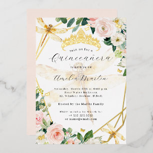 Geo Blush Floral Gold Dragonfly Quinceanera Foil Invitation
