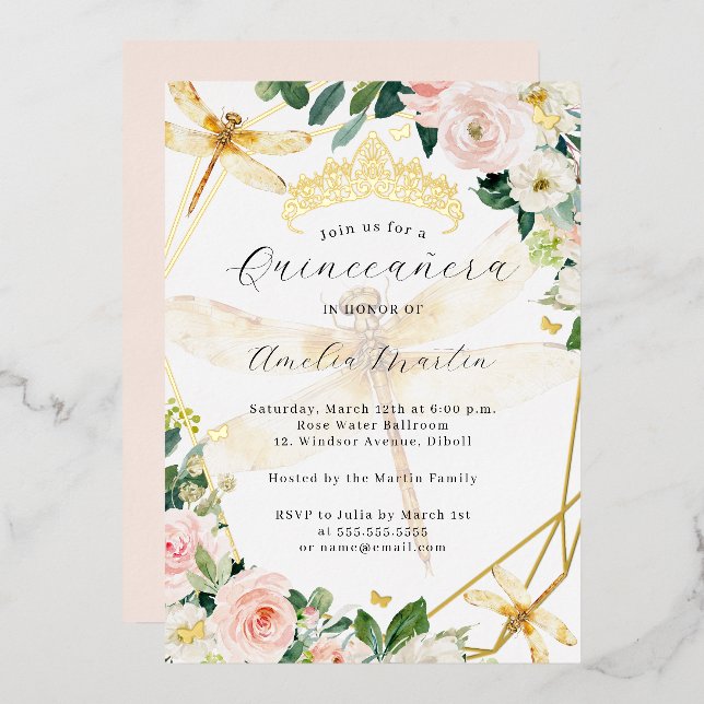Geo Blush Floral Gold Dragonfly Quinceanera Foil Invitation (Front/Back)
