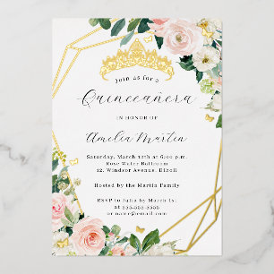 Geo Blush Floral Quinceanera Gold  Foil Invitation