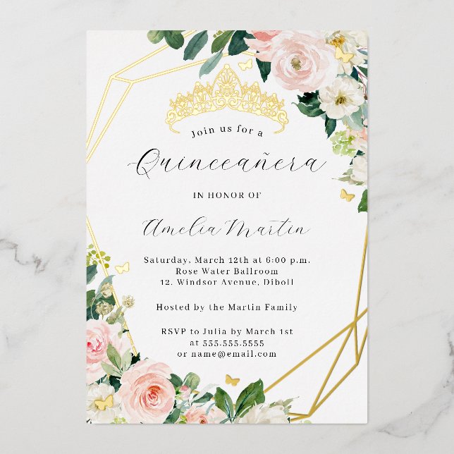 Geo Blush Floral Quinceanera Gold  Foil Invitation (Front)