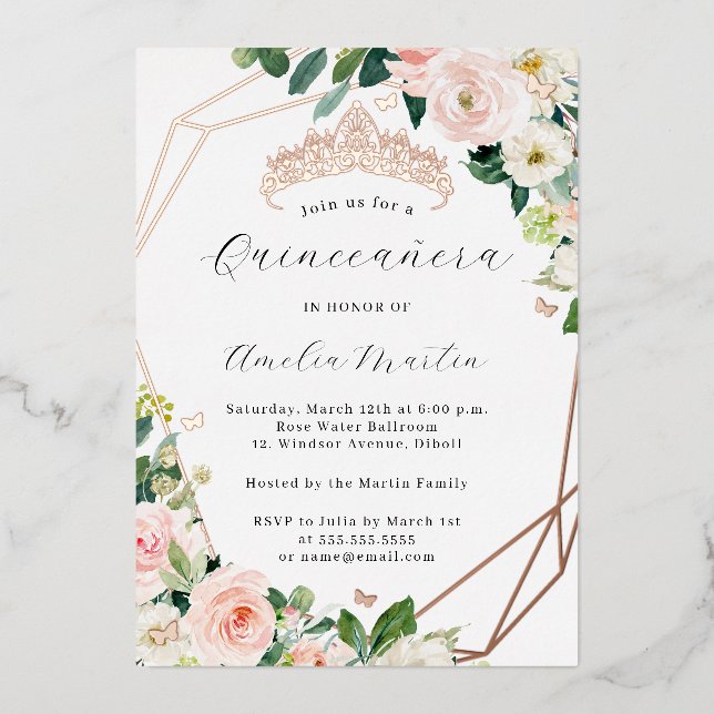 Geo Blush Floral Quinceanera Rose Gold   Foil Invitation (Front)