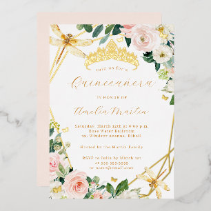 Geo Blush Gold Floral Dragonfly Quinceanera Foil Invitation
