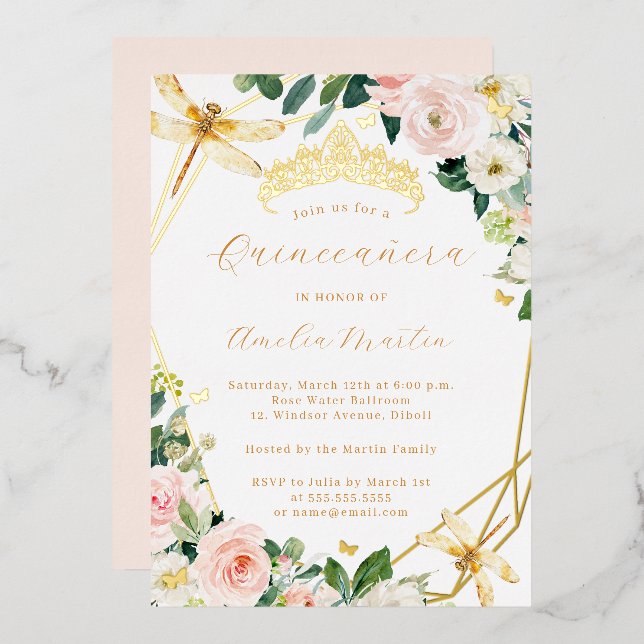 Geo Blush Gold Floral Dragonfly Quinceanera Foil Invitation (Front/Back)
