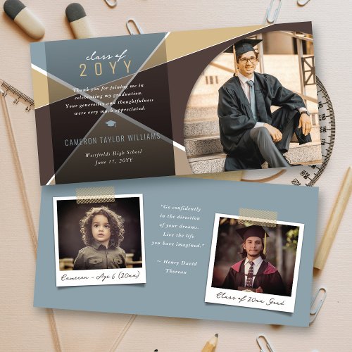 Geo Brown Criss Cross Color Block Photo Graduation Thank You Card