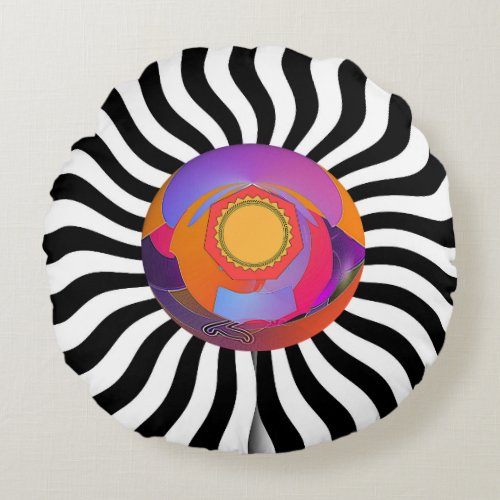 Geo Center Black White Wavy Round Pillow