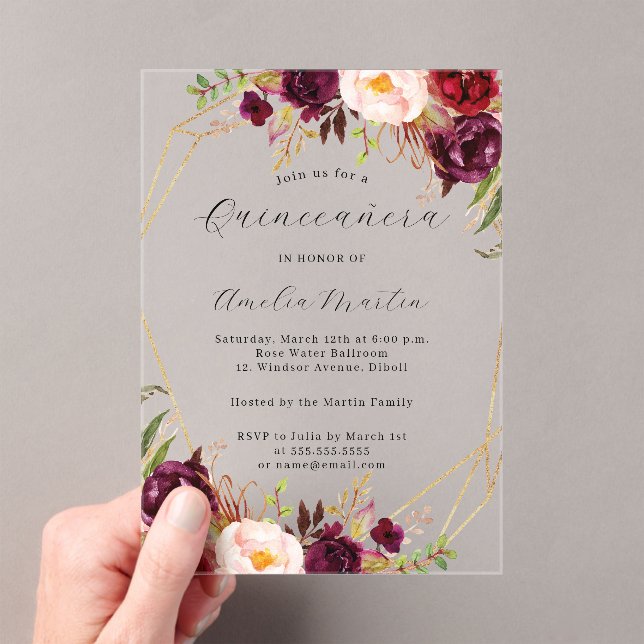 Geo Clear Acrylic Burgundy Floral Quinceanera  Acrylic Invitations (Insitu (Handheld))