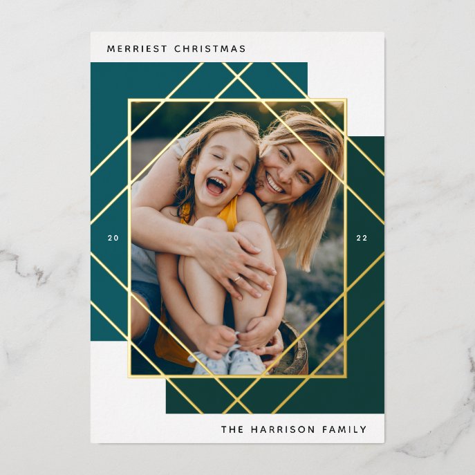 Geo Colorblock Modern Photo Foil Holiday Card