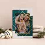 Geo Colorblock Modern Photo Foil Holiday Card<br><div class="desc">A modern and eyecatching holiday photo card design featuring a vertical or portrait-oriented photo framed by overlapping blocks of spruce green and hunter green, and overlaid with gold foil diamond shapes for a chic geometric colorblock look. Personalize with your custom holiday greeting (shown with "Merriest Christmas, "), your family name,...</div>