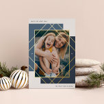 Geo Colorblock Modern Photo Foil Holiday Card<br><div class="desc">A modern and eyecatching holiday photo card design featuring a vertical or portrait-oriented photo framed by overlapping blocks of baked apple and cranberry red, and overlaid with gold foil diamond shapes for a chic geometric colorblock look. Personalize with your custom holiday greeting (shown with "Merriest Christmas, "), your family name,...</div>
