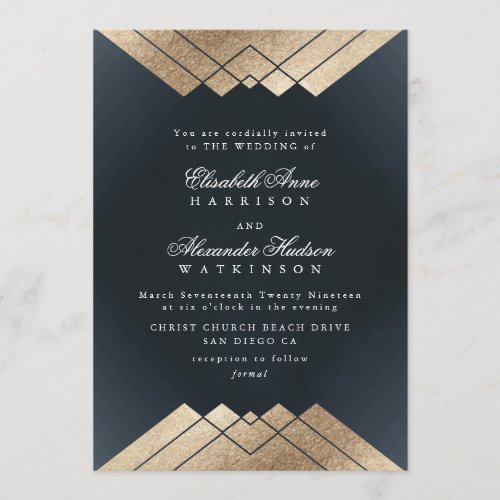 Geo Dark Navy Gold Gatsby Calligraphy Wedding Invitation
