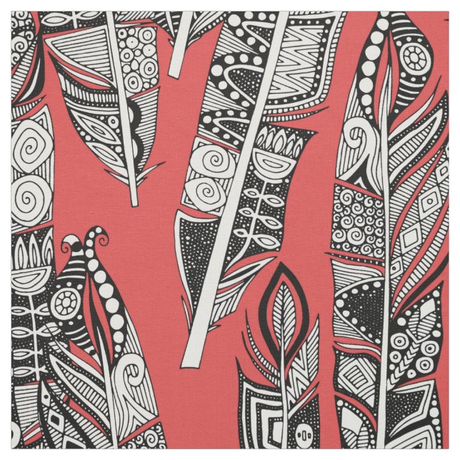 geo feathers red fabric (Swatch)