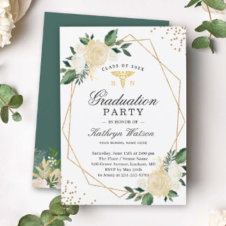 Geo Gold Floral Medical Nursing Graduation Party Invitation