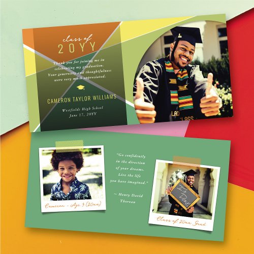 Geo Green Criss Cross Color Block Photo Graduation Thank You Card