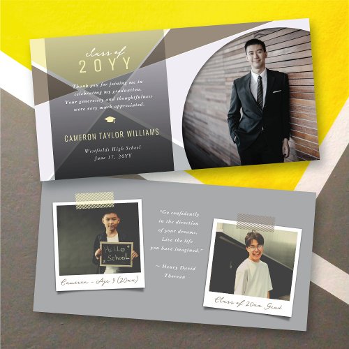 Geo Grey Criss Cross Color Block Photo Graduation Thank You Card