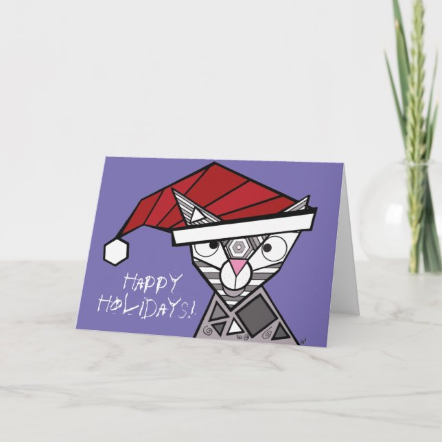 Geo Kitty Happy Holidays! Letterpress Thank You Card (Front)