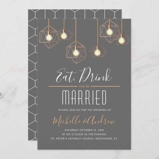 Geo Lights Eat Drink and be Married Gray Wedding Invitation (Front/Back)