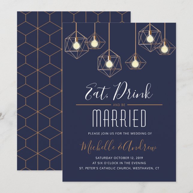 Geo Lights Eat Drink and be Married Navy Wedding Invitation (Front/Back)