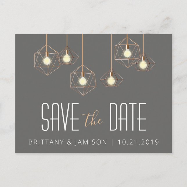Geo Lights Gray Modern Geometric Save the Date Announcement Postcard (Front)