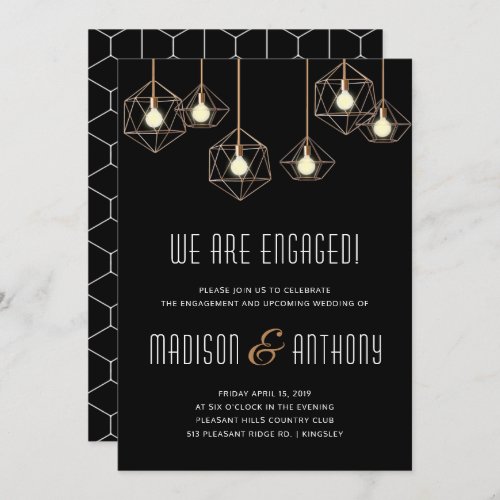 Geo Lights Modern Black Geometric Engagement Party Invitation