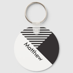 Geo Minimal Black White Stripes Custom Name Tag Keychain