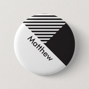 Geo Minimal Black White Stripes Employee Name Tag Button