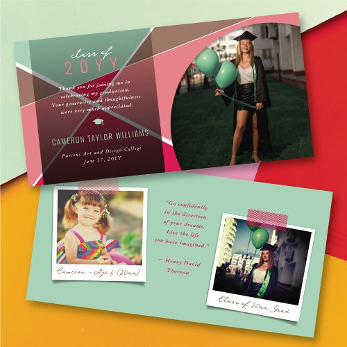 Geo Pink Criss Cross Color Block Photo Graduation Thank You Card