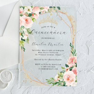 Geo Pink Floral Clear Acrylic Floral Quinceanera  Invitations