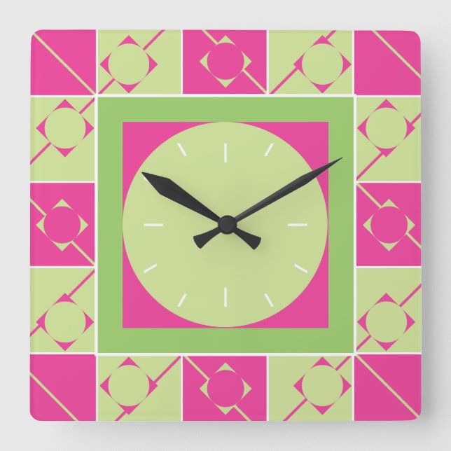 Geo Plaid Pink/Green Square Wall Clock (Front)