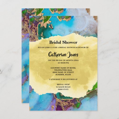 Geode abstract peacock colors watercolor agate invitation