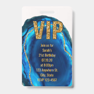 Geode Agate Blue Gold Birthday VIP Pass Invitation Badge