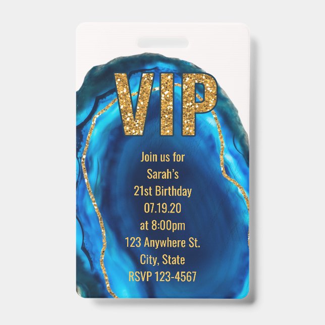 Geode Agate Blue Gold Birthday VIP Pass Invitation Badge (Front)