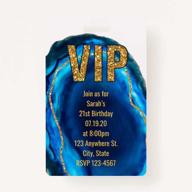 Geode Agate Blue Gold Birthday VIP Pass Invitation Badge (Front)